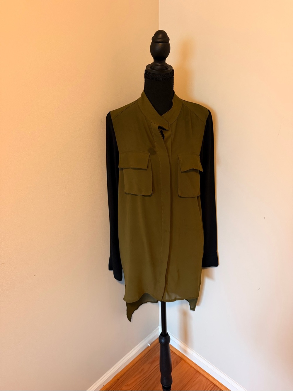 Olive Green & Black Mesh Utility-Style Women's Blouse